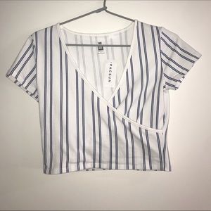 PacSun me to we white and blue striped shirt